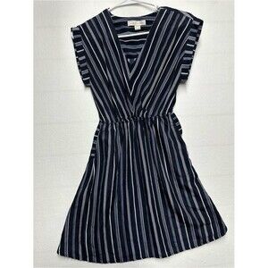 Monteau Dress Small Navy & White Striped – V‑Neck Elastic Waist w/Pockets